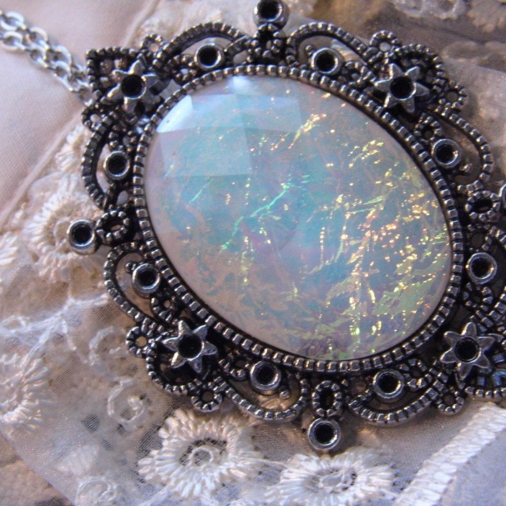 Rainbow White Moonstone FIre Opal Necklace SIlver